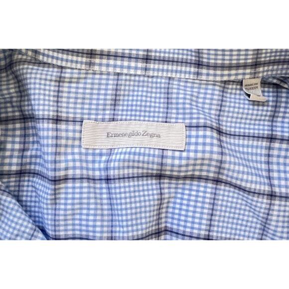 Ermenegildo Zegna Shirt Mens Long Sleeve Button Up Blue Tan Windowpane Size L - Picture 2 of 9